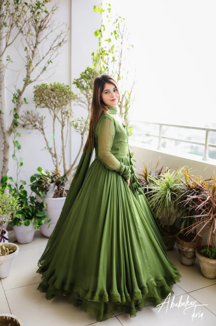 SOLID LIGHT GREEN LONG FLAIR ANARKALI WITH DUPATTA