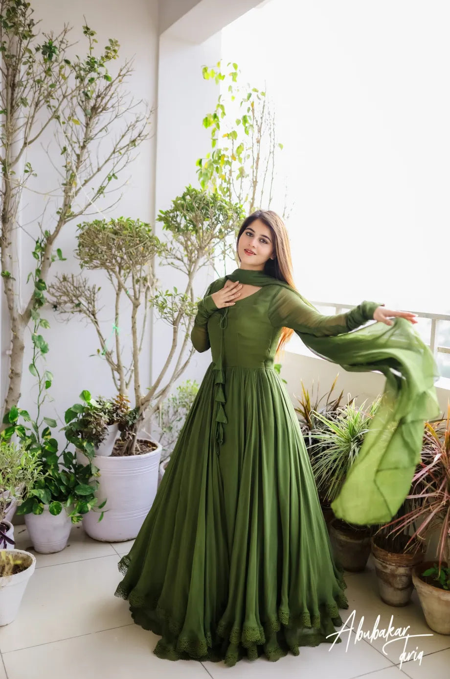 SOLID LIGHT GREEN LONG FLAIR ANARKALI WITH DUPATTA