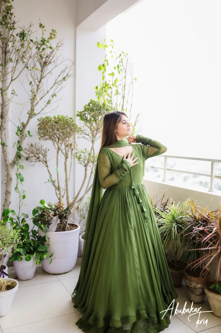SOLID LIGHT GREEN LONG FLAIR ANARKALI WITH DUPATTA