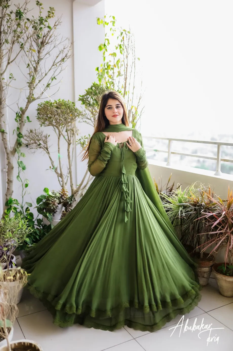 SOLID LIGHT GREEN LONG FLAIR ANARKALI WITH DUPATTA