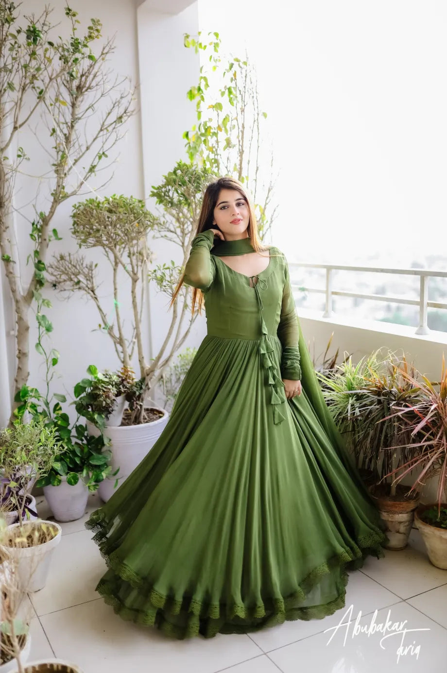 SOLID LIGHT GREEN LONG FLAIR ANARKALI WITH DUPATTA