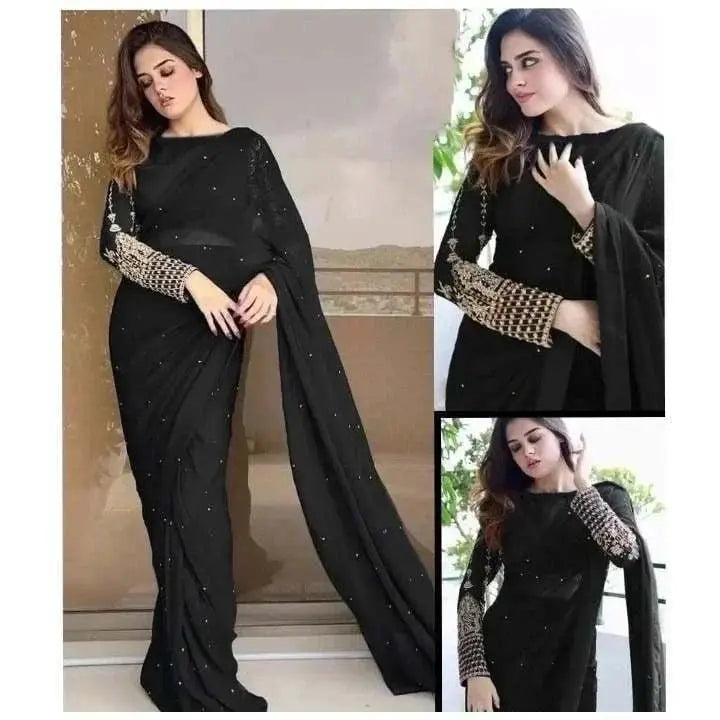 Stitched Chiffon Pearls Work Embroidered Saree