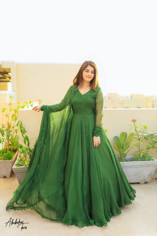 SOLID GREEN LONG FLAIR ANARKALI WITH DUPATTA