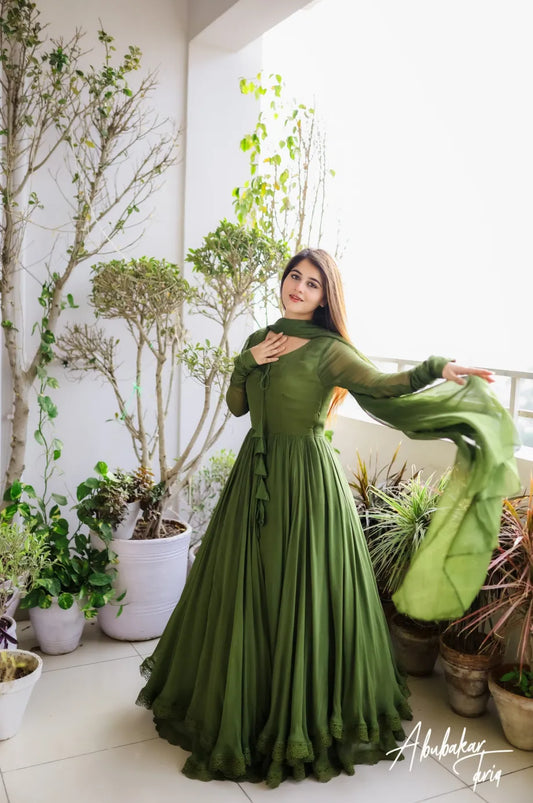 SOLID LIGHT GREEN LONG FLAIR ANARKALI WITH DUPATTA