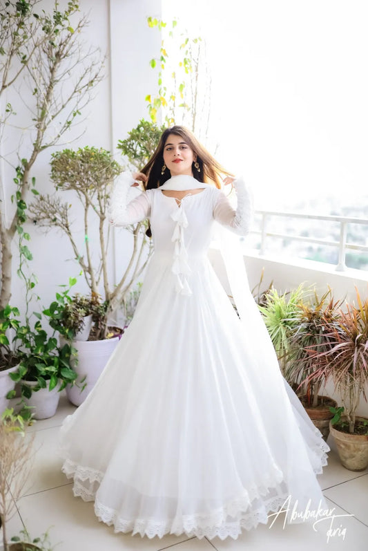 SOLID WHITE LONG FLAIR ANARKALI WITH DUPATTA