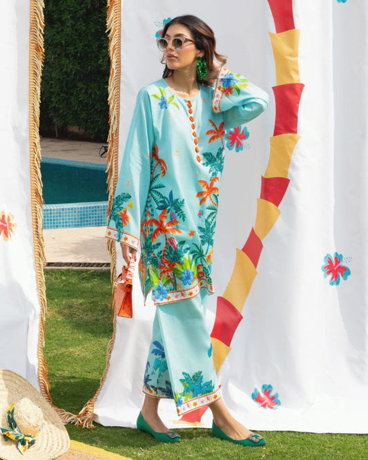 Tropical Bliss Aqua Lawn Kurta Set